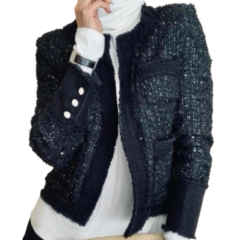 Nanette Lepore Blazer Tweed Boucle Denim Trim Sequined Long Sleeve Womens Medium